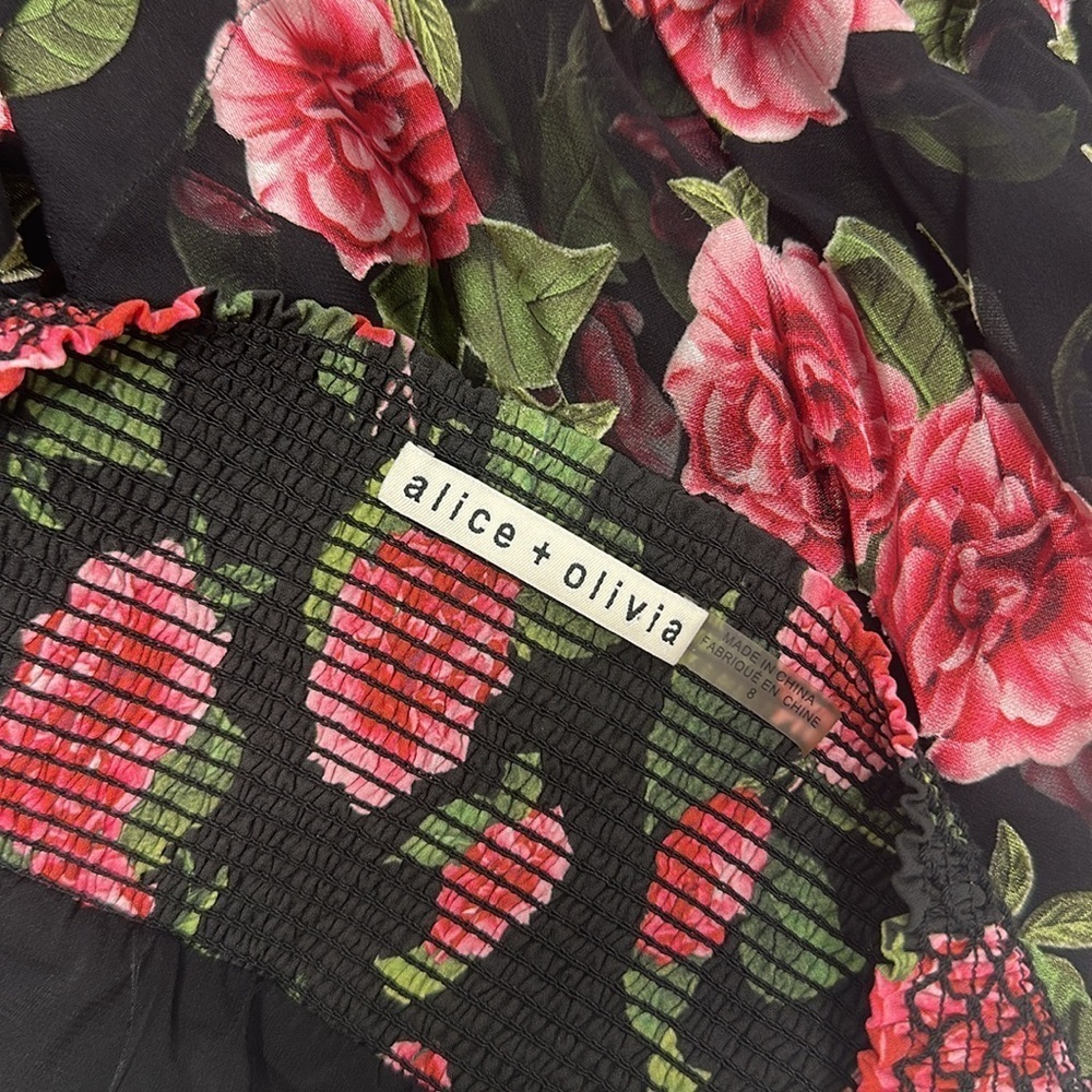 Alice + Olivia Zarya Mini Skirt Asymmetrical Smocked Floral Flowers Black Pink 8 - Picture 6 of 7